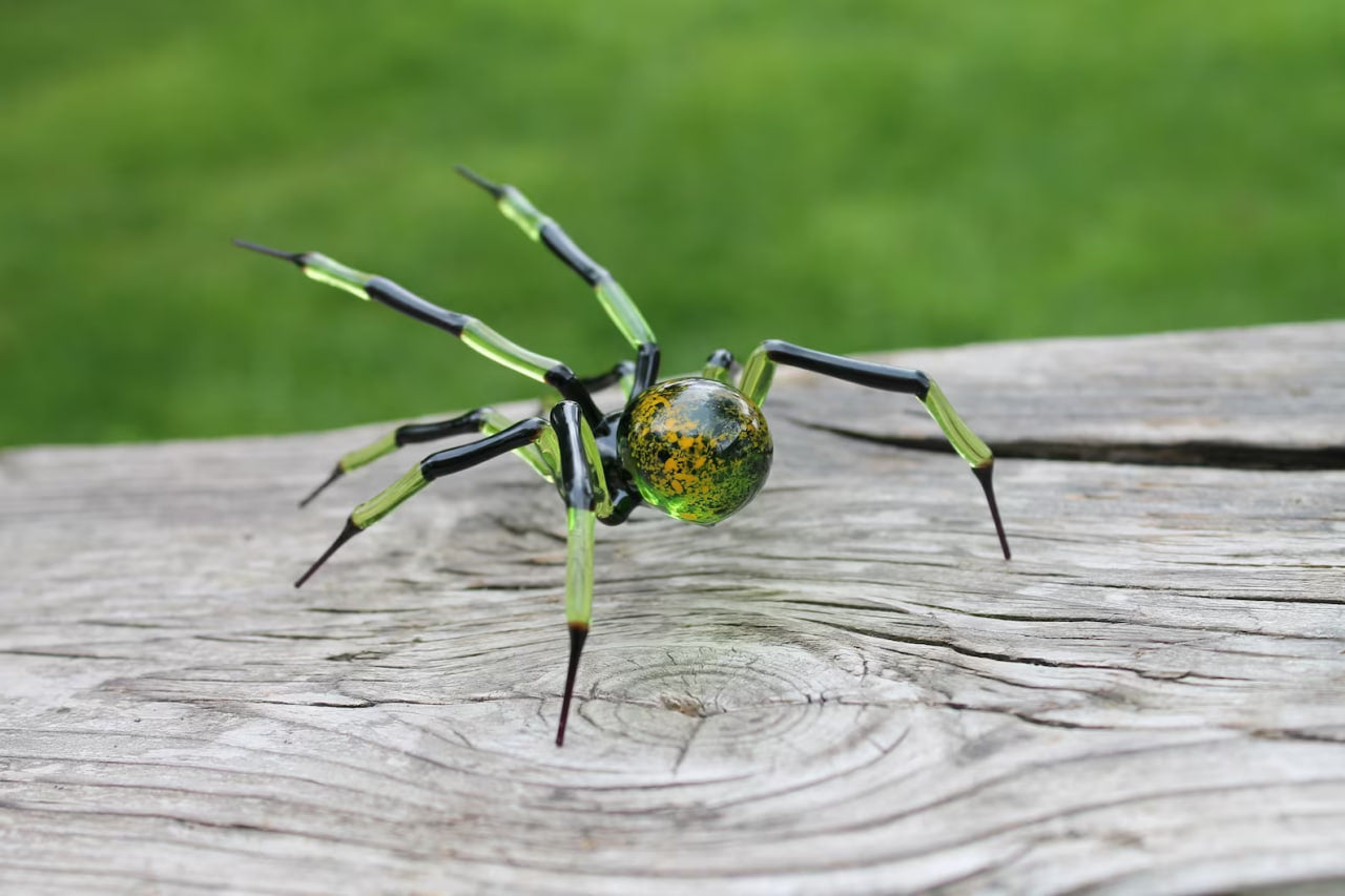 Large Green And Yellow Murano Glass Spider Figurine Handmade
