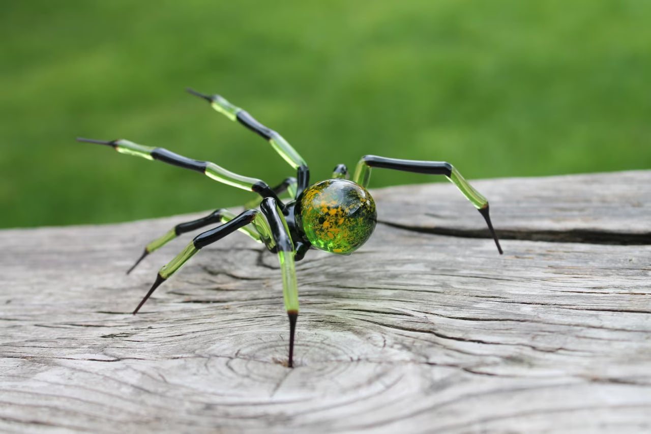 Large Green And Yellow Murano Glass Spider Figurine Handmade