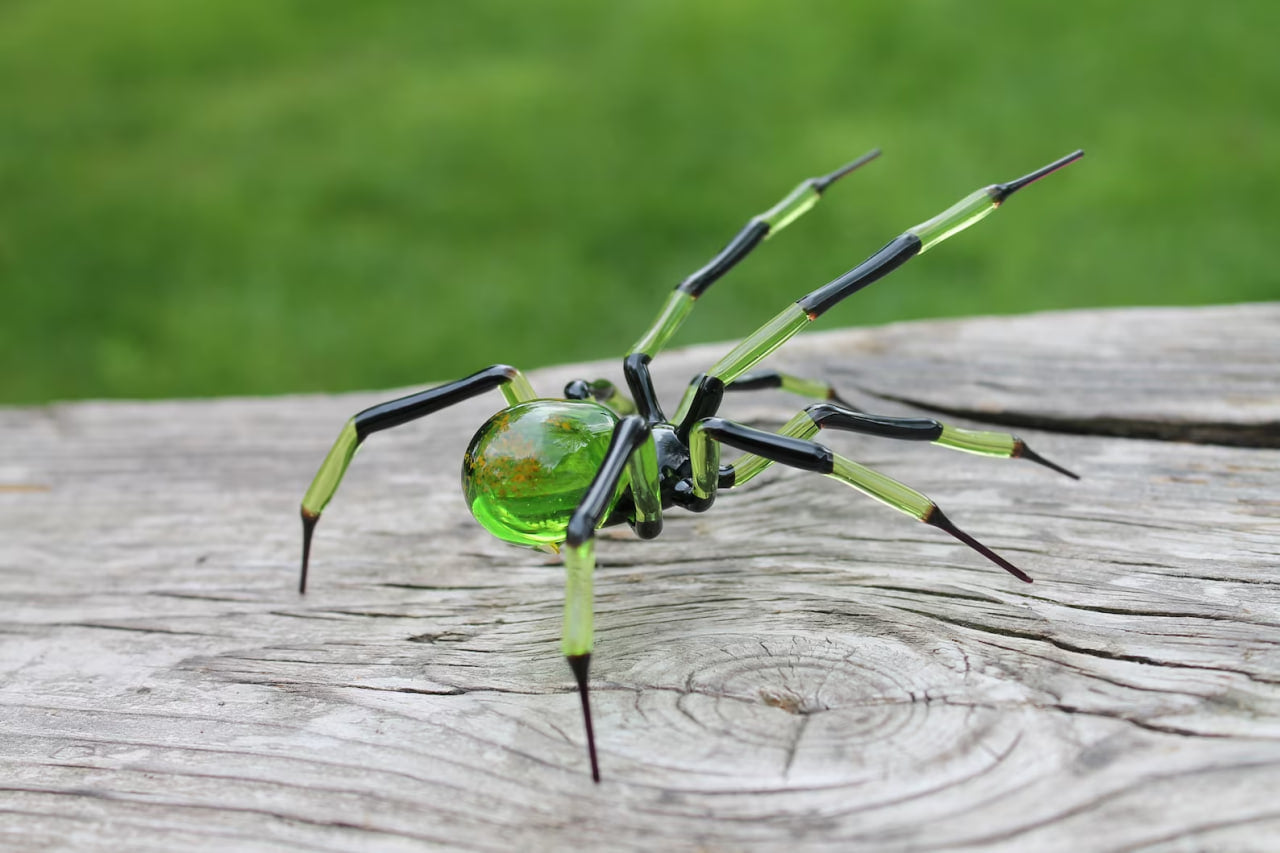 Large Green And Yellow Murano Glass Spider Figurine Handmade