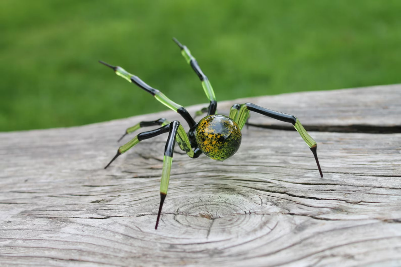 Large Green And Yellow Murano Glass Spider Figurine Handmade