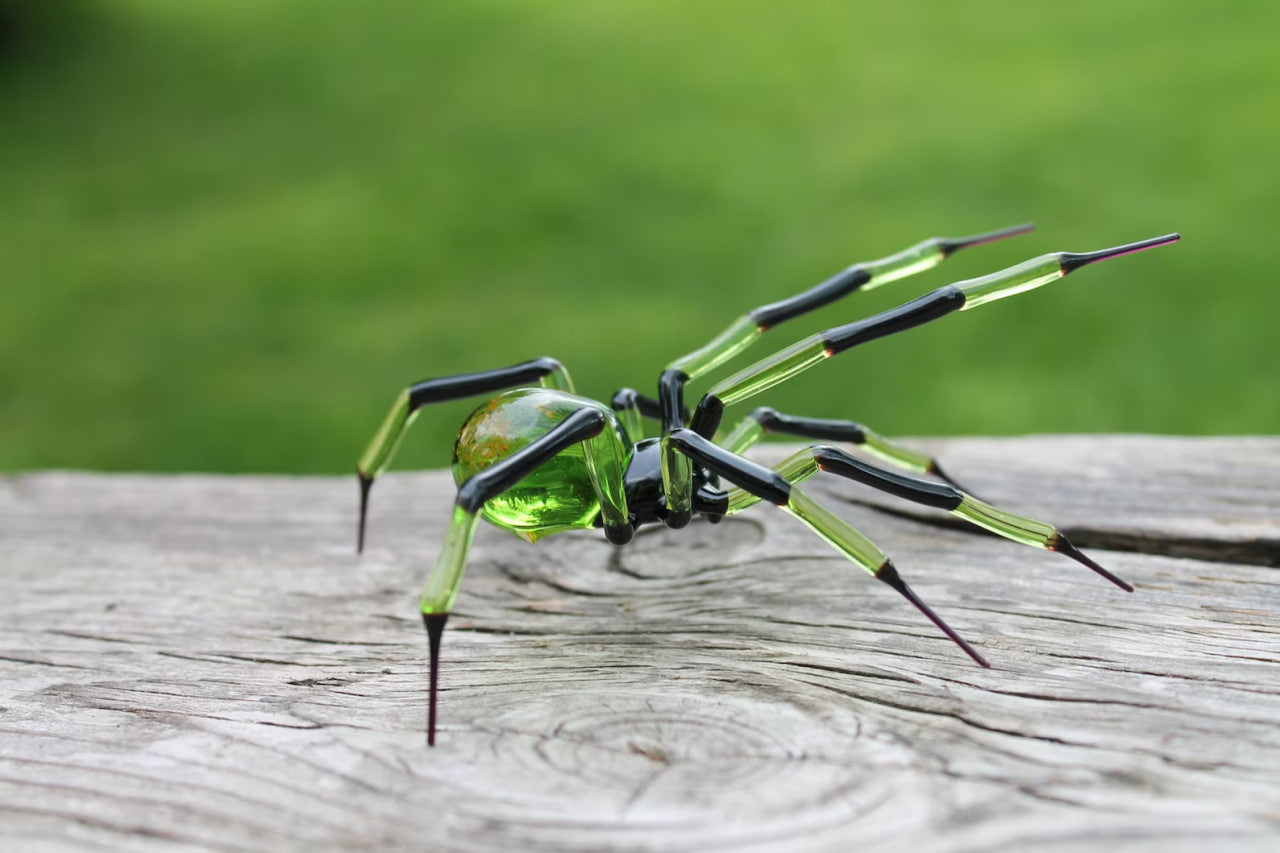 Large Green And Yellow Murano Glass Spider Figurine Handmade