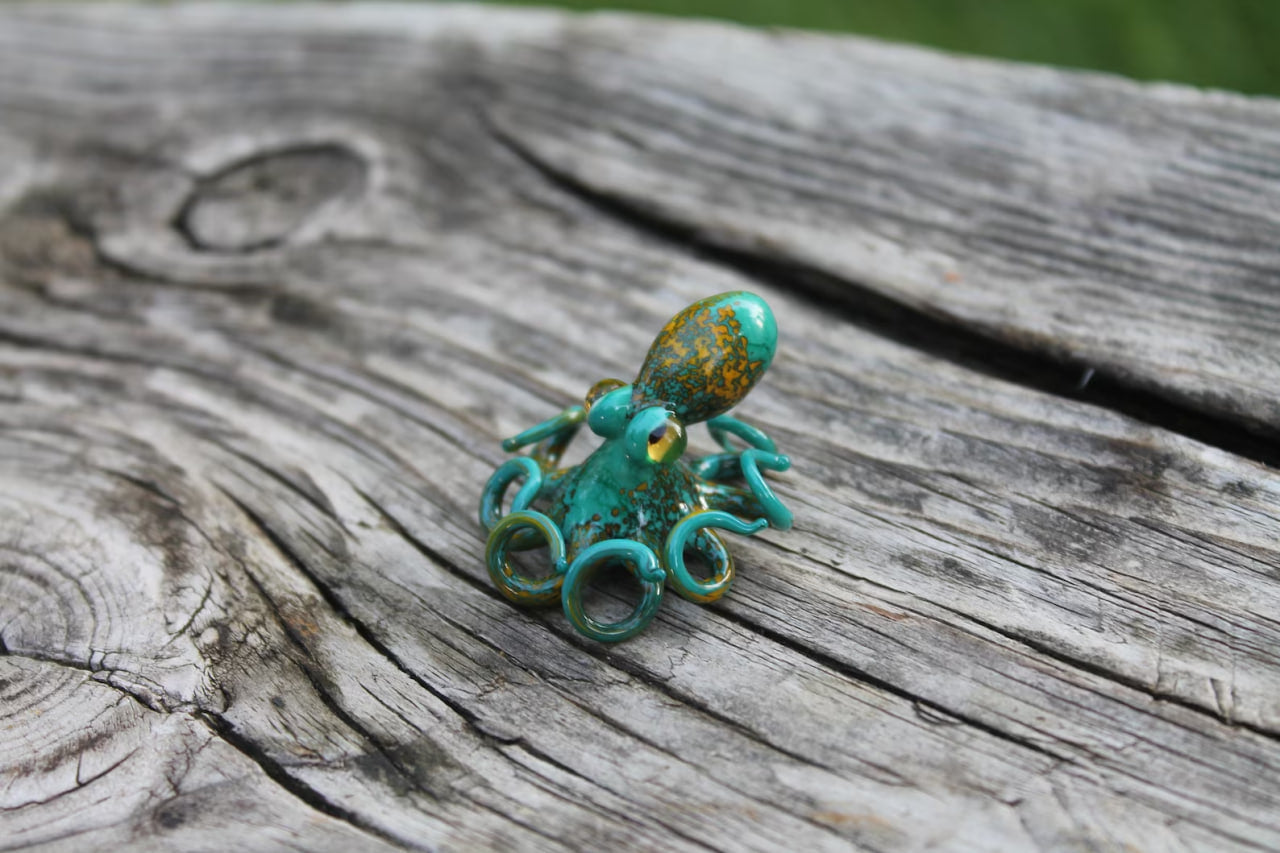 Handmade Glass Octopus Figurine Green With Golden Sea Animal
