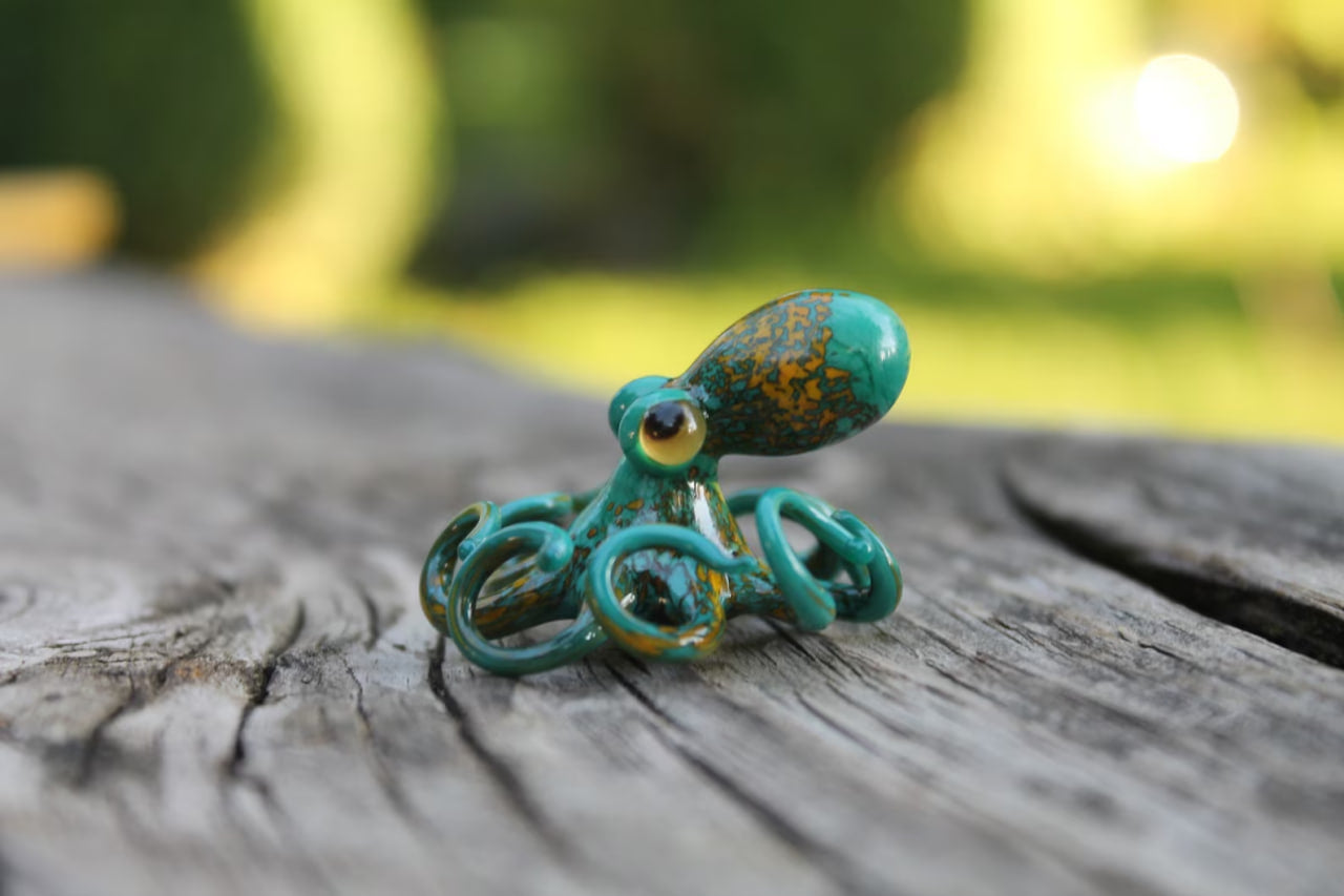 Handmade Glass Octopus Figurine Green With Golden Sea Animal