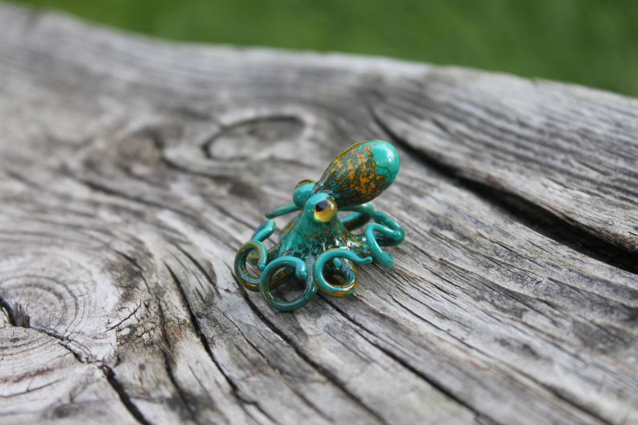 Handmade Glass Octopus Figurine Green With Golden Sea Animal