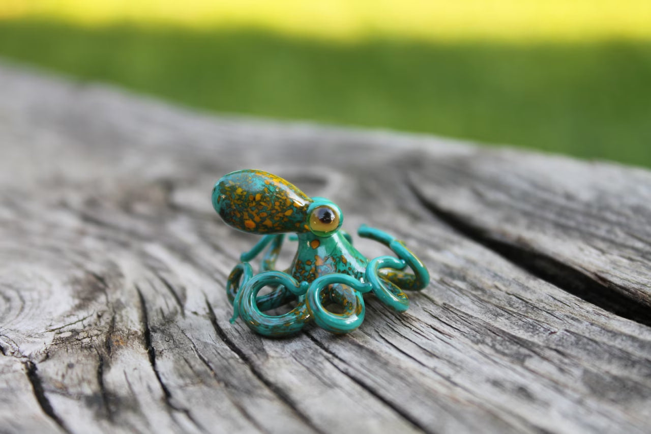 Handmade Glass Octopus Figurine Green With Golden Sea Animal
