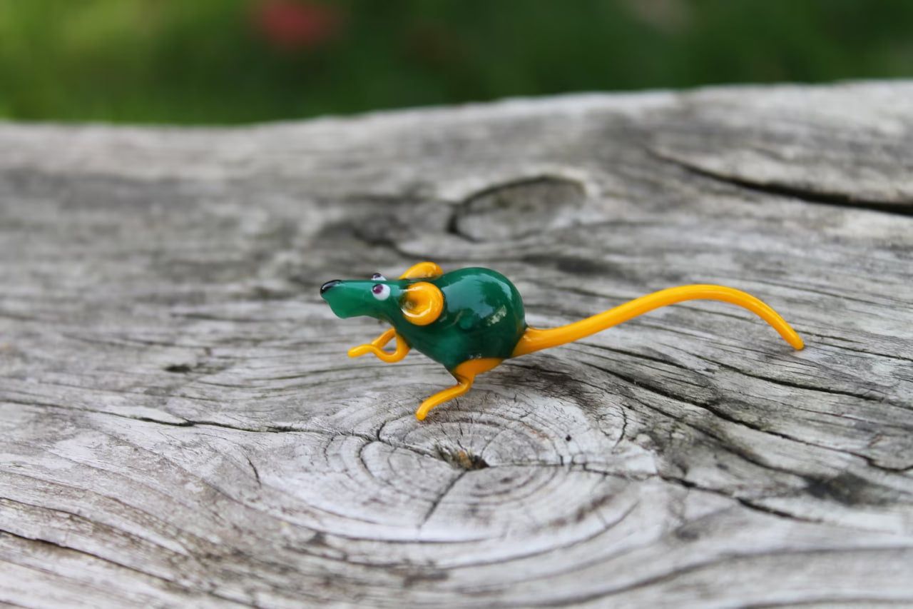 Green And Yellow Glass Rat Figurine – Handcrafted Murano Miniature