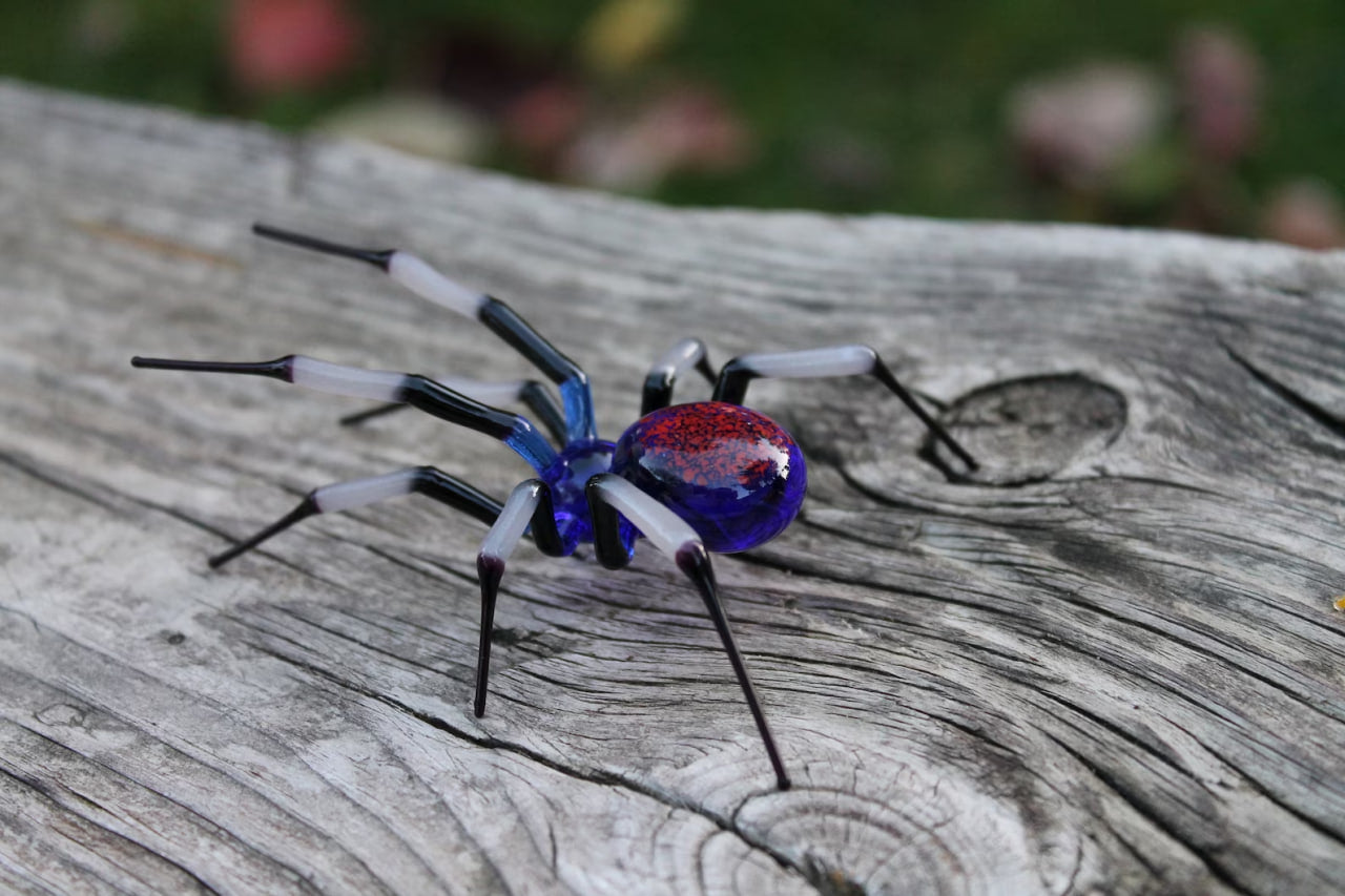 Blue Glass black Garden Spider Sculpture, Blown Glass Figurine Art Insect, Glass Spider Figurine Blown Glass Spider Glass Spider Miniature