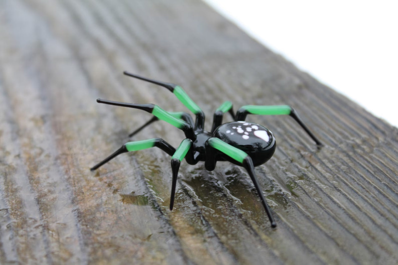 Hand Blown Glass Spider Figurine With Green Legs And Black Body