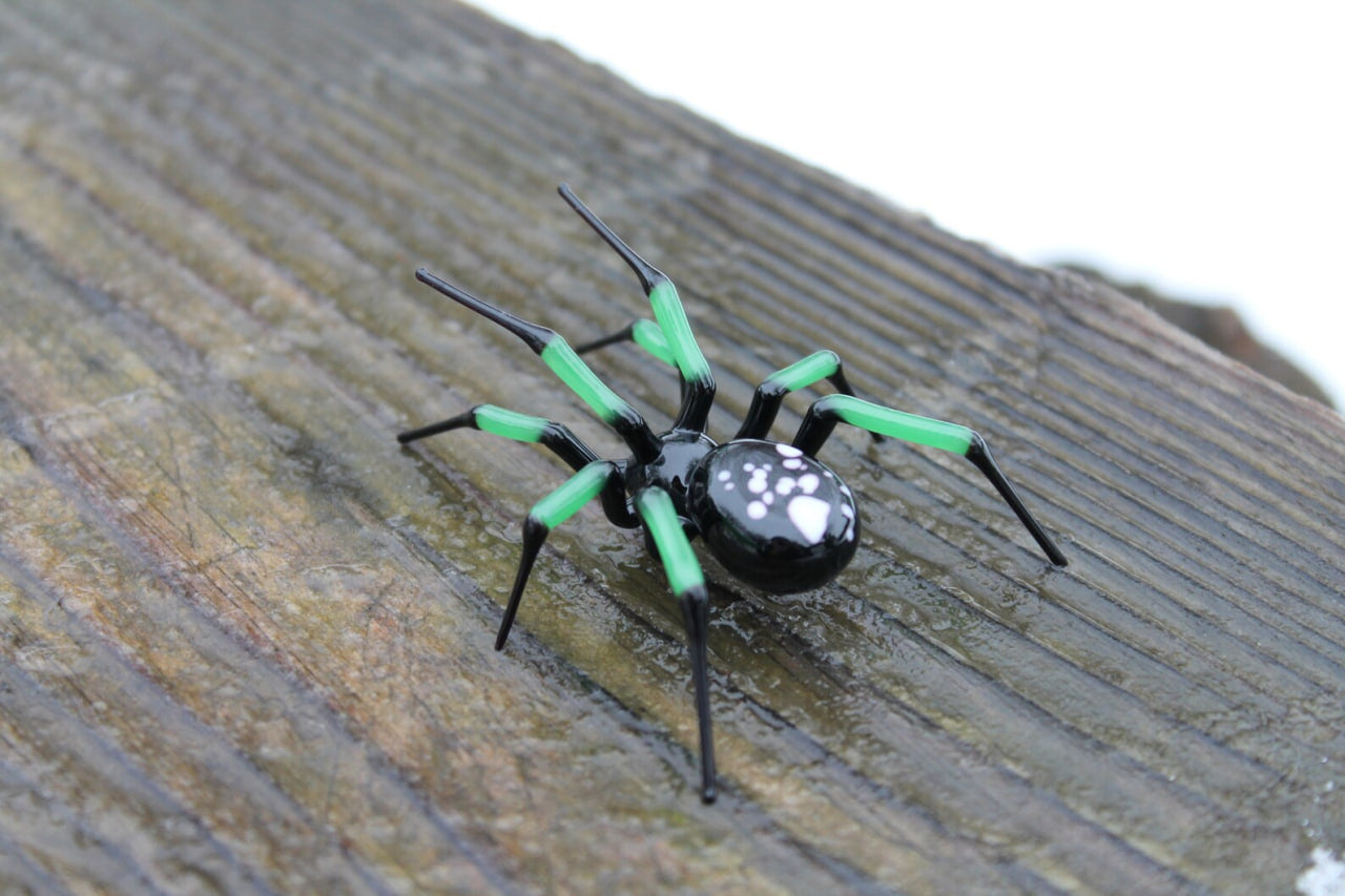 Hand Blown Glass Spider Figurine With Green Legs And Black Body