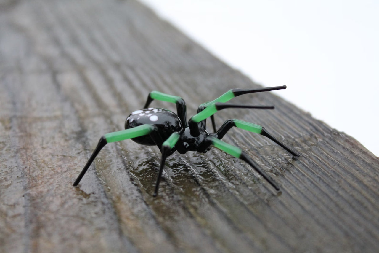 Hand Blown Glass Spider Figurine With Green Legs And Black Body