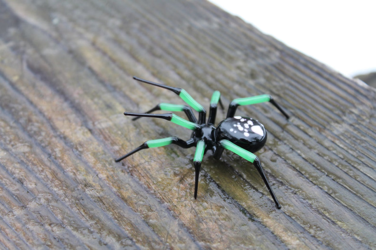 Hand Blown Glass Spider Figurine With Green Legs And Black Body