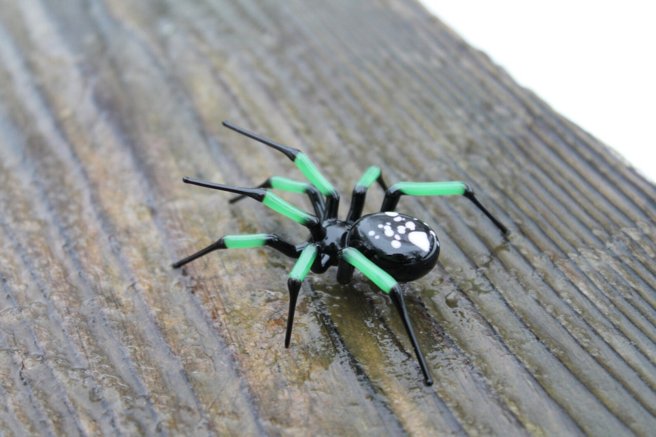 Hand Blown Glass Spider Figurine With Green Legs And Black Body