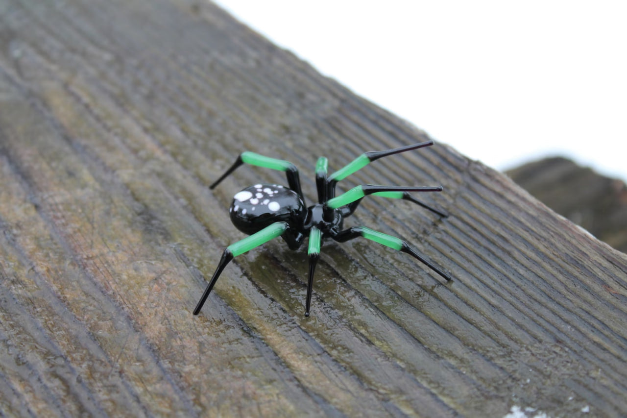 Hand Blown Glass Spider Figurine With Green Legs And Black Body