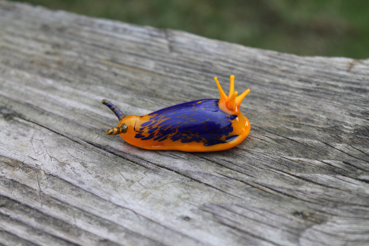 Vibrant Orange And Blue Glass Sea Slug Figurine 2 Inches