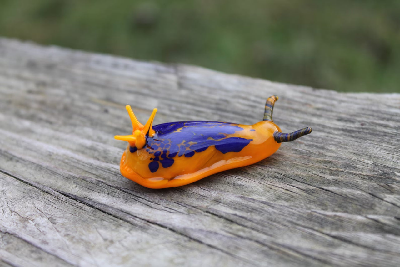 Vibrant Orange And Blue Glass Sea Slug Figurine 2 Inches