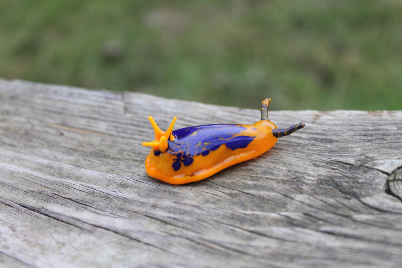 Vibrant Orange And Blue Glass Sea Slug Figurine 2 Inches