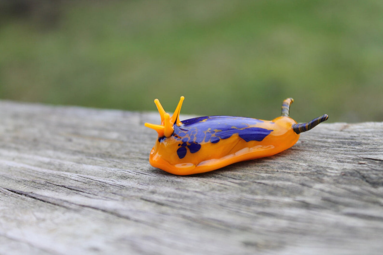 Vibrant Orange And Blue Glass Sea Slug Figurine 2 Inches