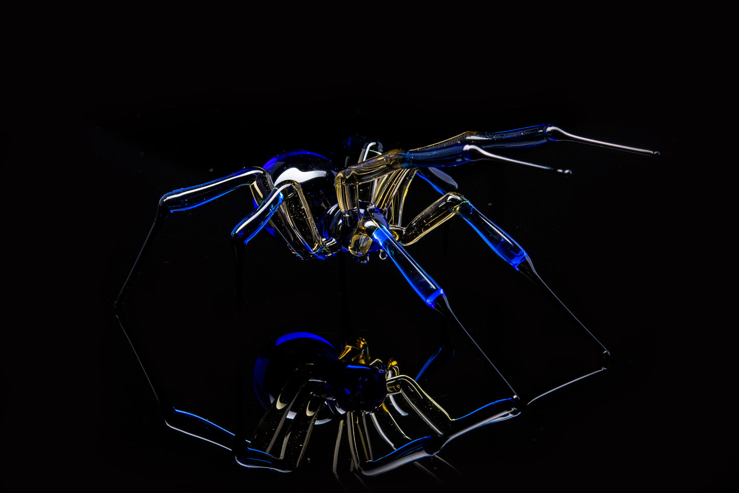 Blue And Amber Murano Glass Spider Figurine With Black Legs