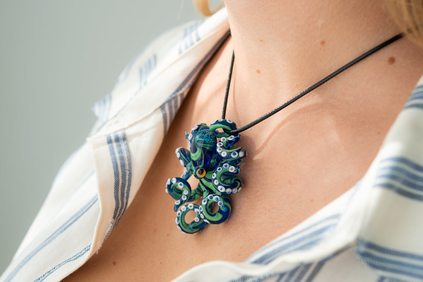 The Blue and Green Octopus pendant blown glass octopus necklace