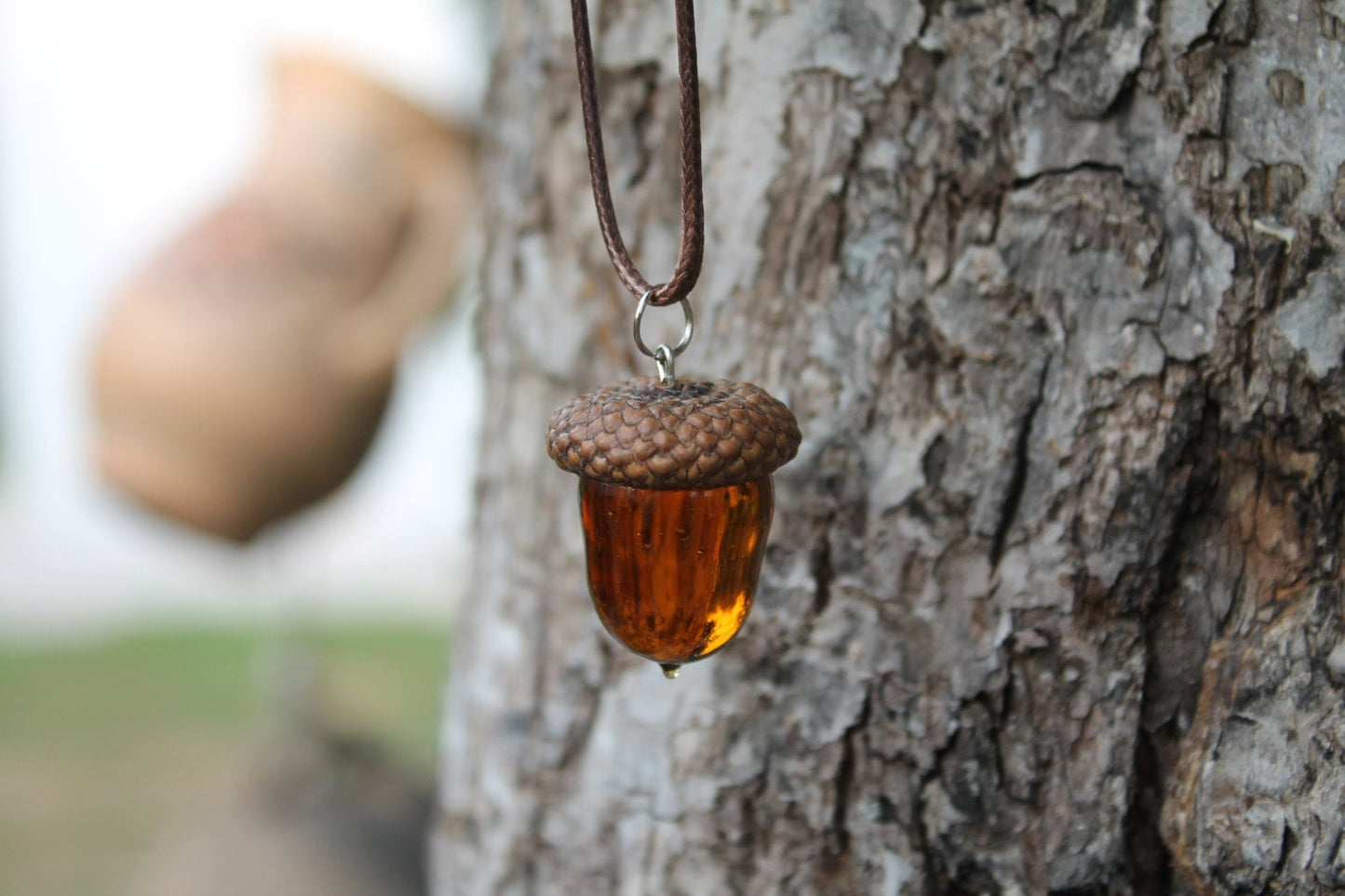 Amber Necklace With Glass Acorn For Nature Lovers