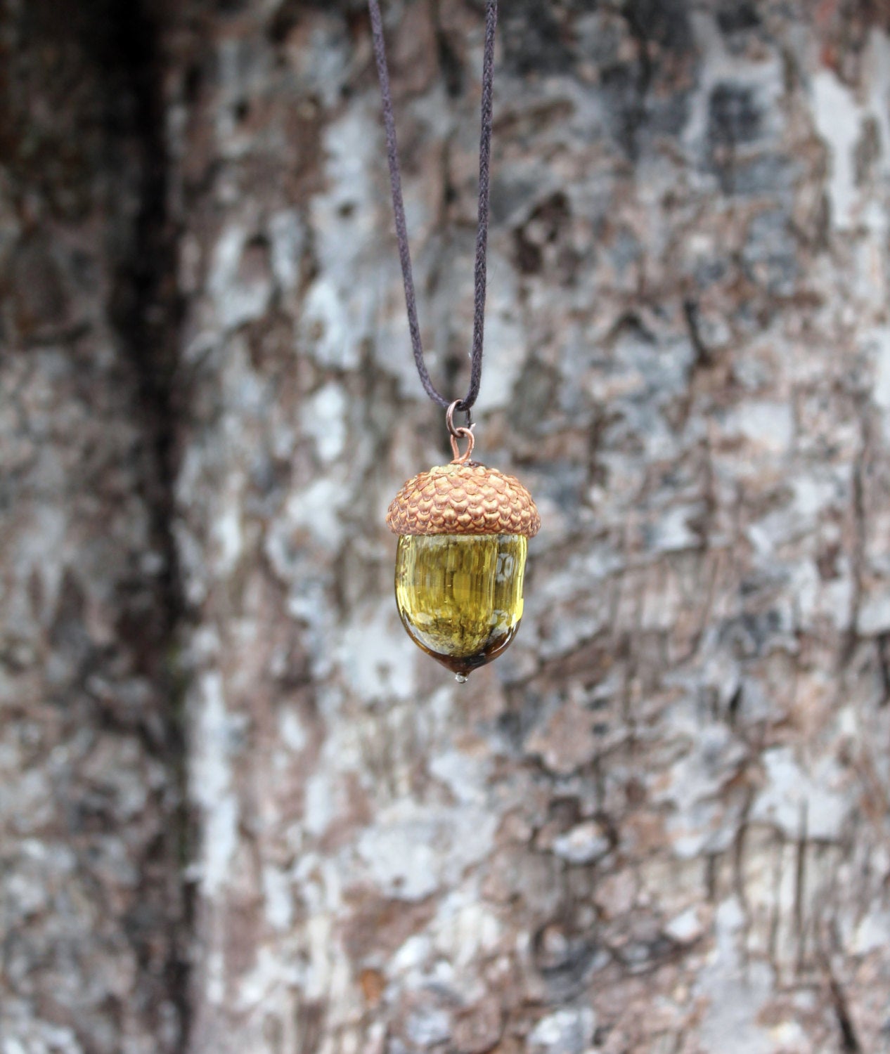 Olive Glass Acorn Necklace With Real Acorn Cap