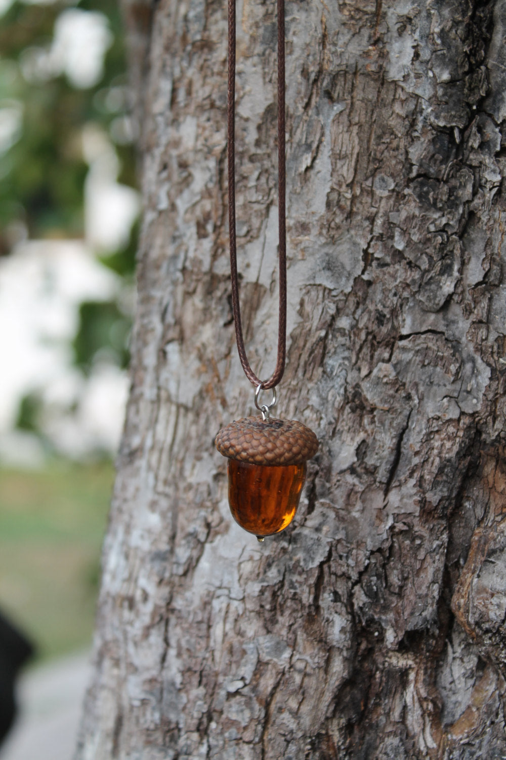Amber Necklace With Glass Acorn For Nature Lovers