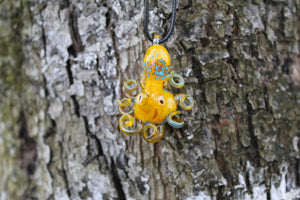 Yellow Blue Octopus Mystical Marine Creature Glass Pendant Necklace