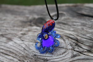 Blue Red Enchanted Oceanic Glass Octopus Pendant
