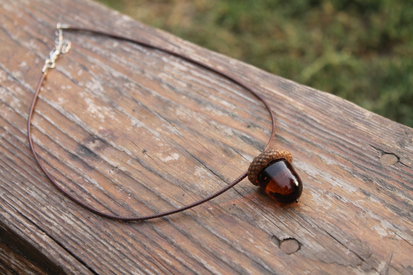 Amber Necklace With Glass Acorn For Nature Lovers