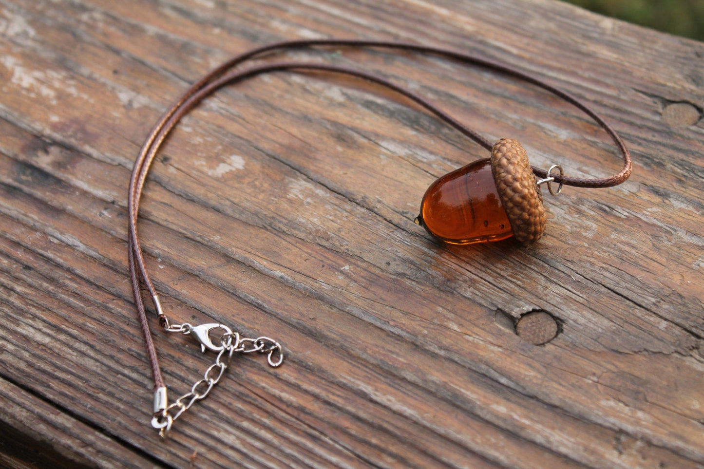 Amber Necklace With Glass Acorn For Nature Lovers
