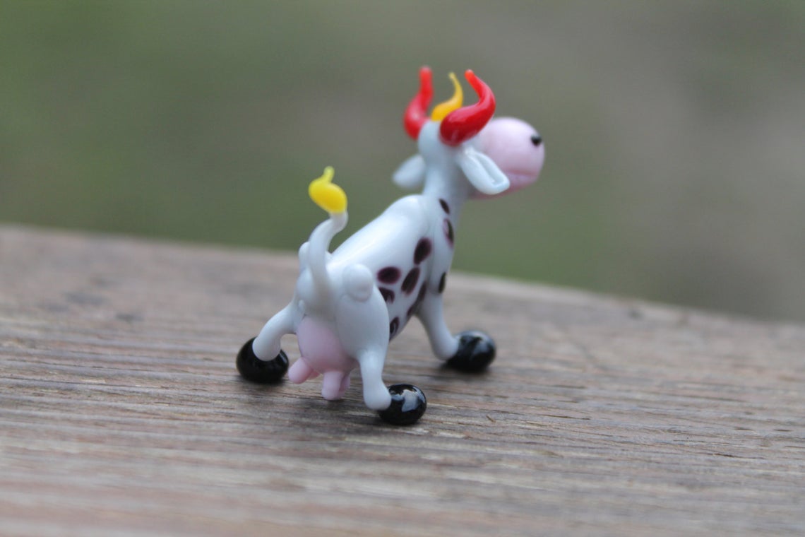 Blown Murano Glass Cow Figurine In Black And White With Red Horns