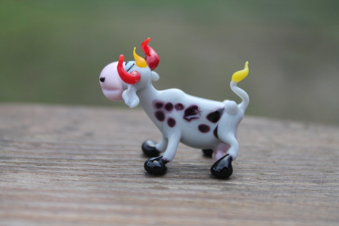 Blown Murano Glass Cow Figurine In Black And White With Red Horns