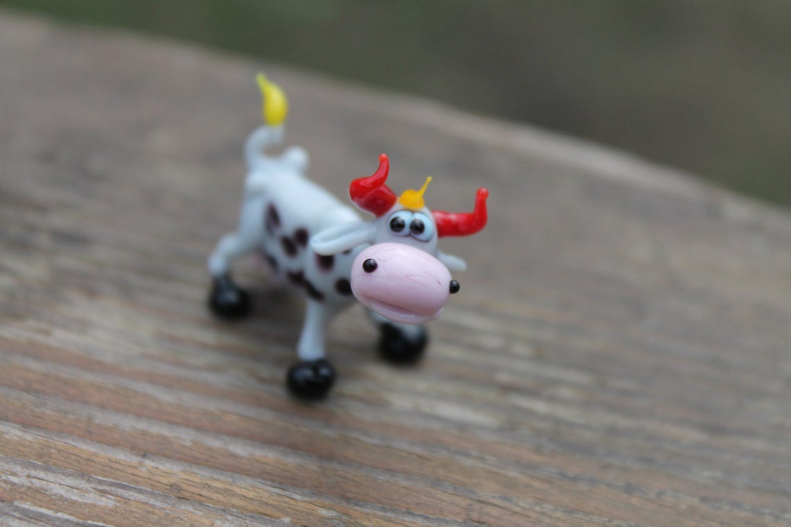 Blown Murano Glass Cow Figurine In Black And White With Red Horns