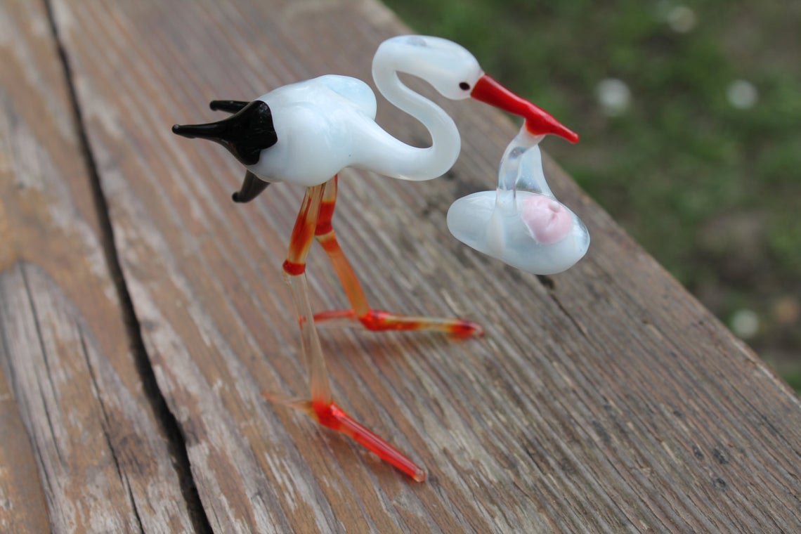 Stork with Baby Bundle Figurine Blown Glass Shower Gift The stork brings the baby Stork with Baby Bundle Sculpture Glass Stork