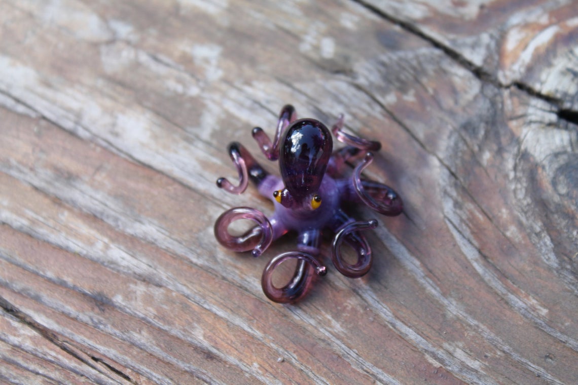 Handmade Purple Glass Octopus Figurine, Miniature Blown Glass Sea Creature