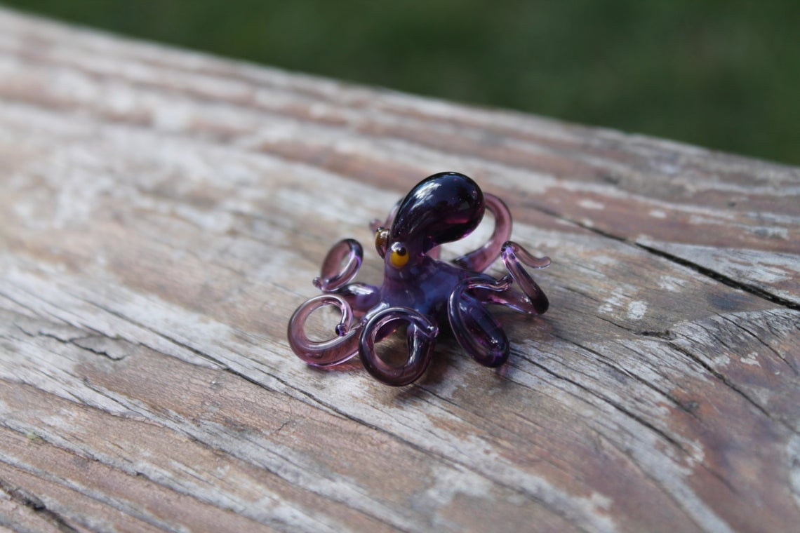 Handmade Purple Glass Octopus Figurine, Miniature Blown Glass Sea Creature