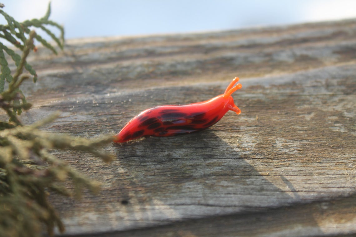 Hand Blown Red Glass Slug Figurine With Black Spots, Miniature Art
