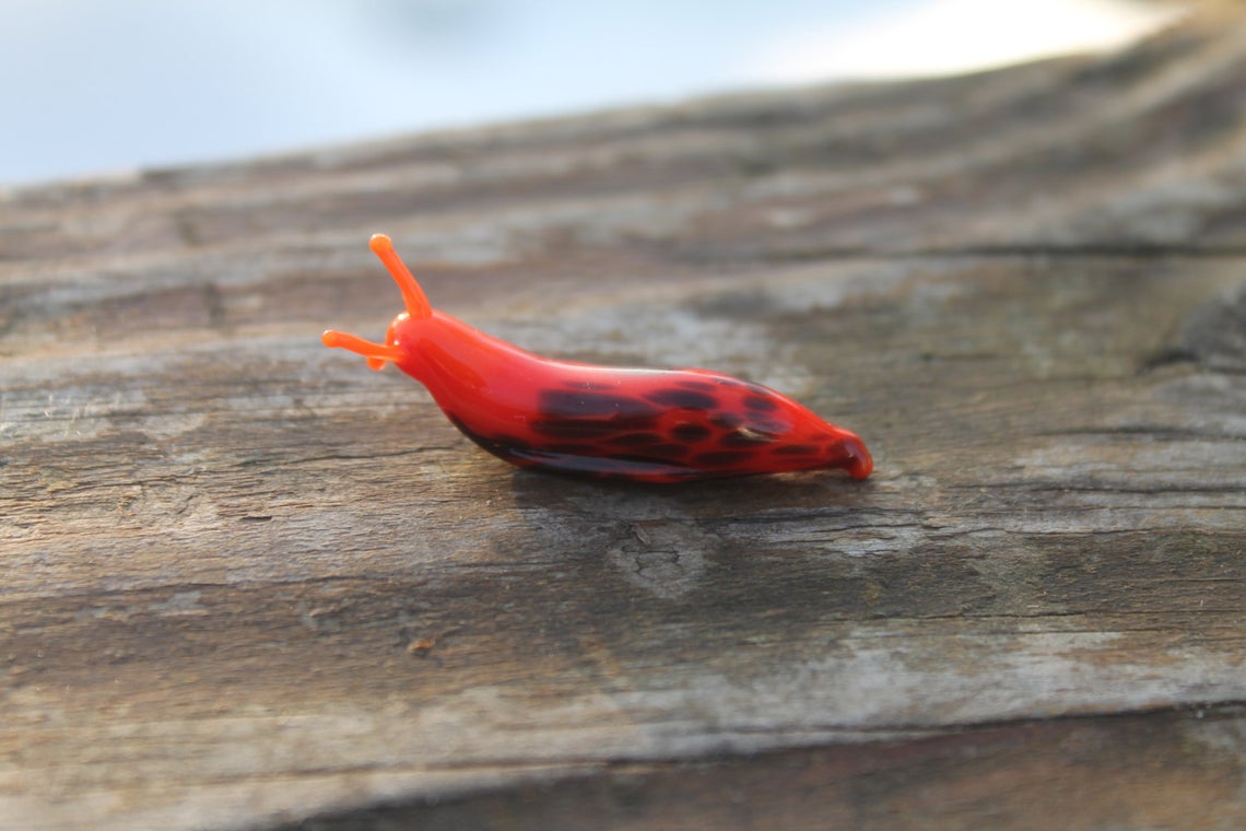 Hand Blown Red Glass Slug Figurine With Black Spots, Miniature Art