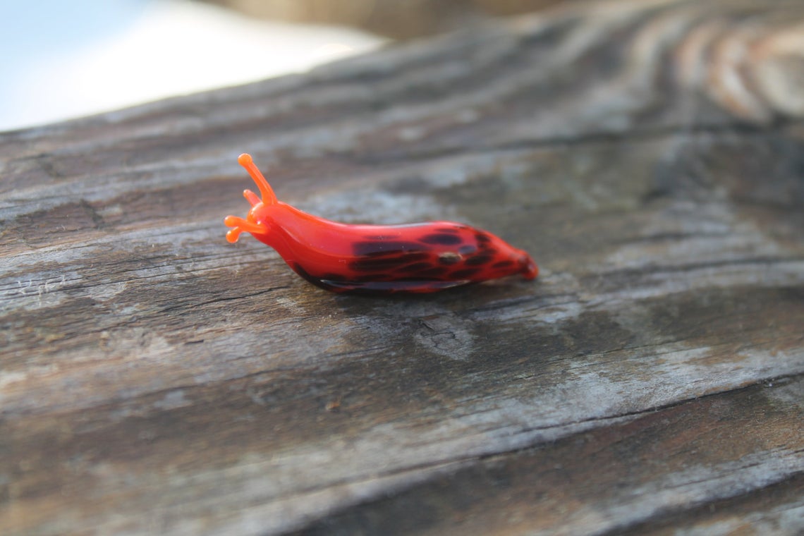 Hand Blown Red Glass Slug Figurine With Black Spots, Miniature Art
