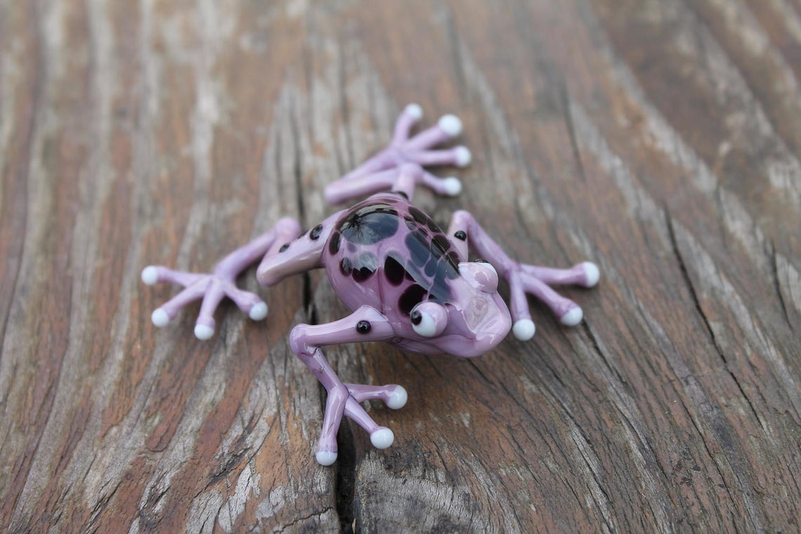 Handmade Purple Glass Frog Figurine With Black Spots - Miniature Animal