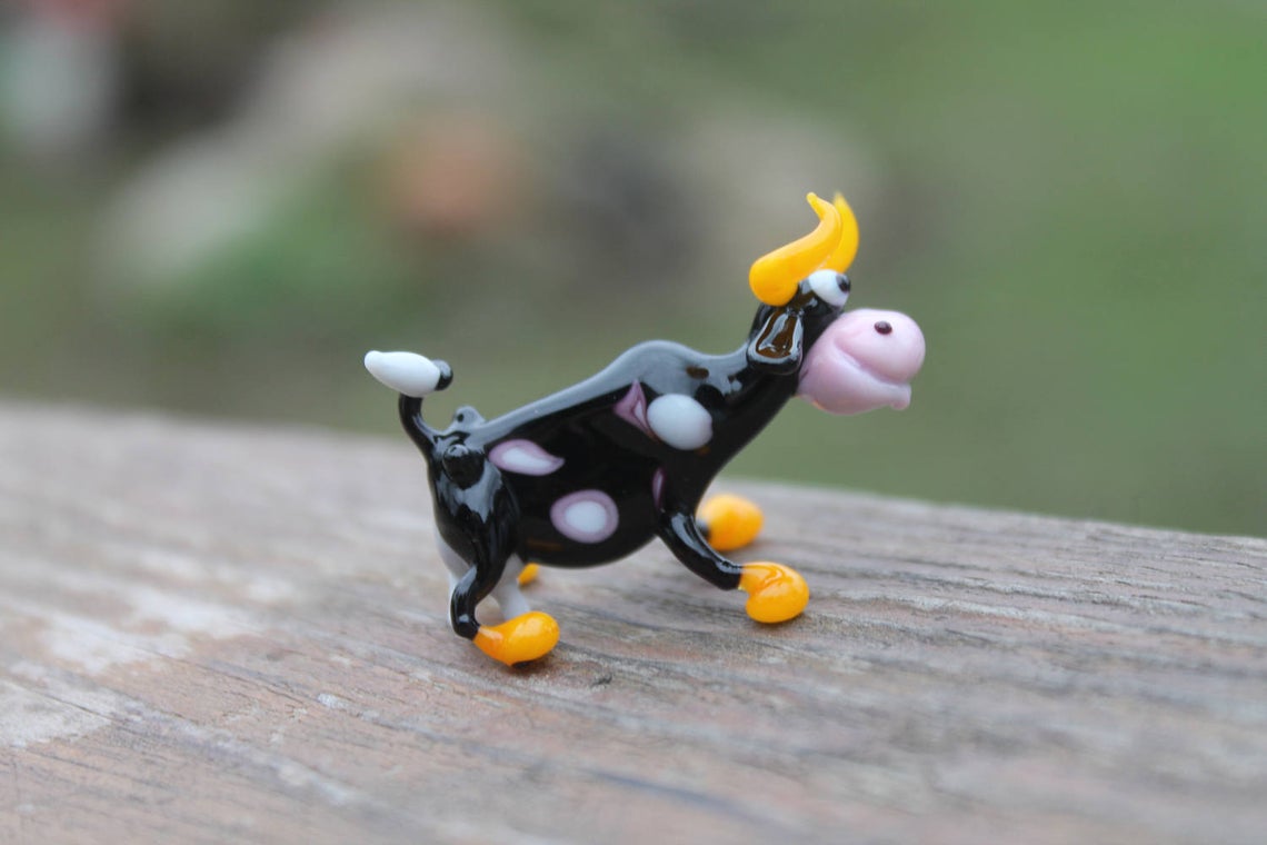 Murano Glass Black Cow Figurine With Yellow Horns - Farm Animal Art