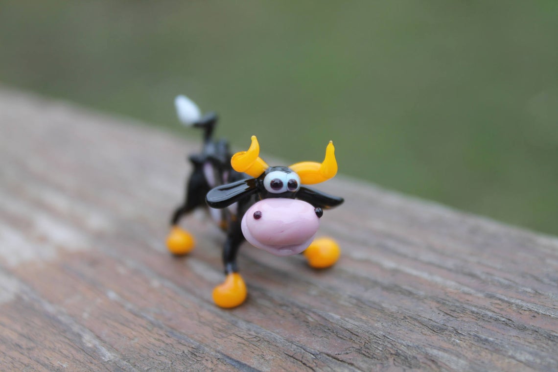 Murano Glass Black Cow Figurine With Yellow Horns - Farm Animal Art