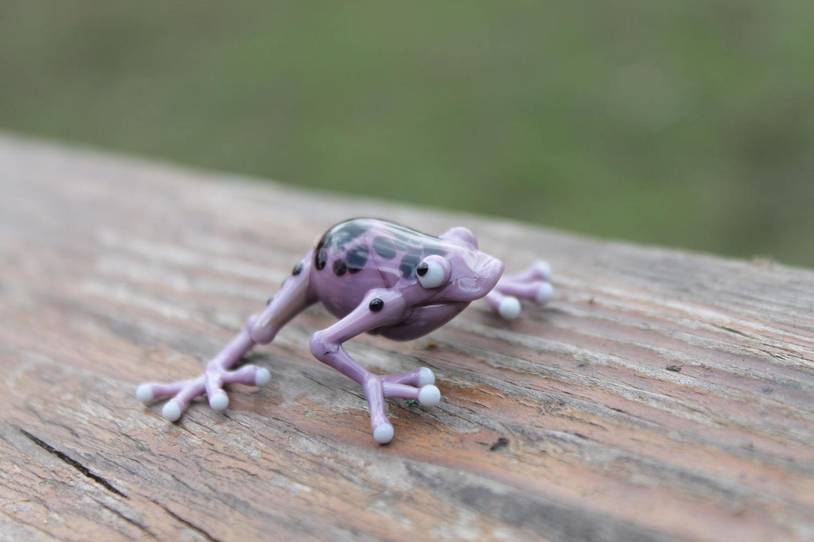 Handmade Purple Glass Frog Figurine With Black Spots - Miniature Animal
