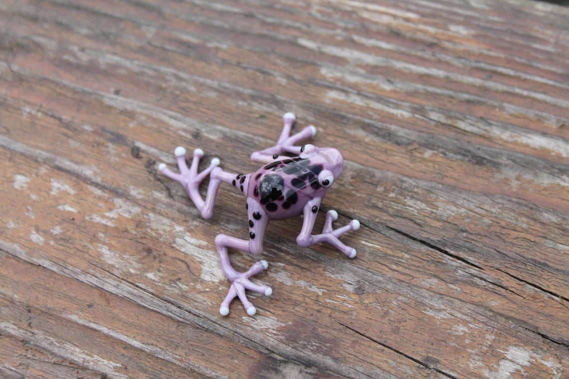 Handmade Purple Glass Frog Figurine With Black Spots - Miniature Animal