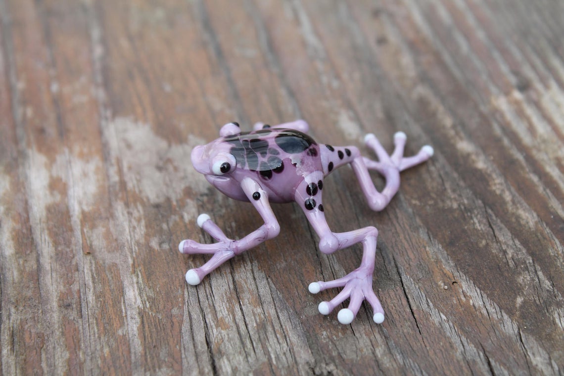 Handmade Purple Glass Frog Figurine With Black Spots - Miniature Animal