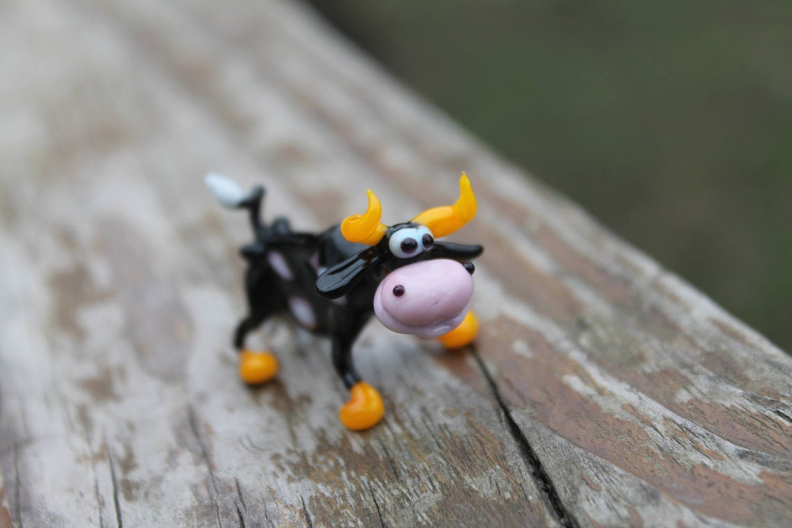 Murano Glass Black Cow Figurine With Yellow Horns - Farm Animal Art