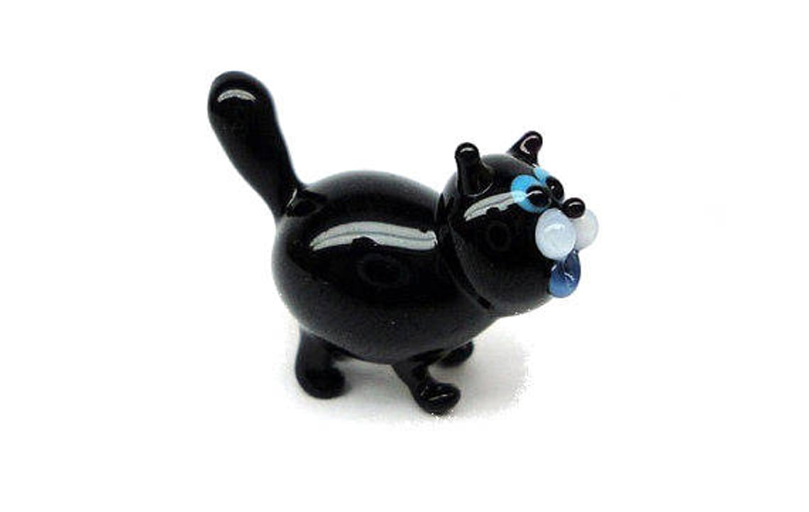 Mini Black Glass Cat Figurine With Blue Eyes — Handmade Lampwork Art