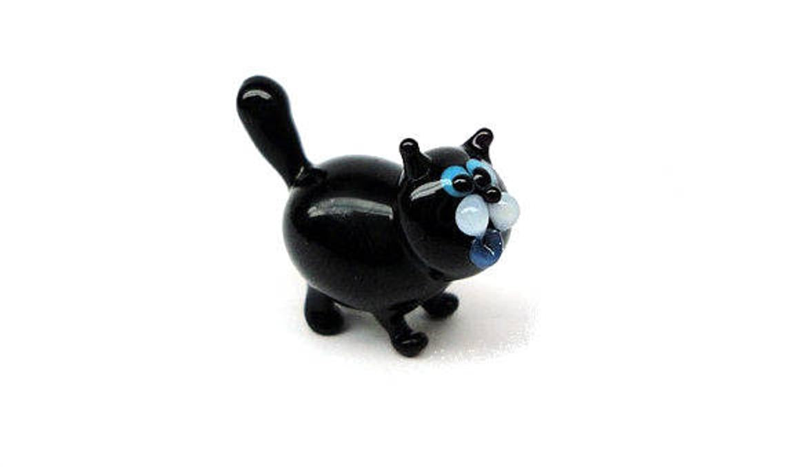 Mini Black Glass Cat Figurine With Blue Eyes — Handmade Lampwork Art