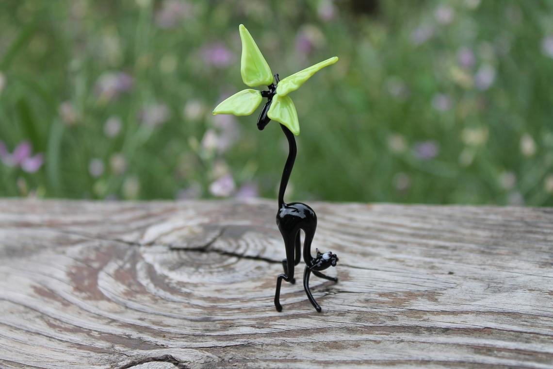 Hand Blown Glass Lampwork Collectible Black Cat With Butterfly Figurine