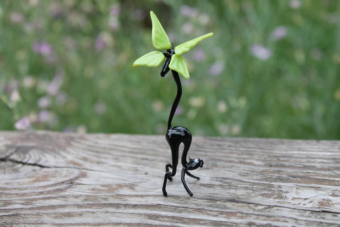 Hand Blown Glass Lampwork Collectible Black Cat With Butterfly Figurine